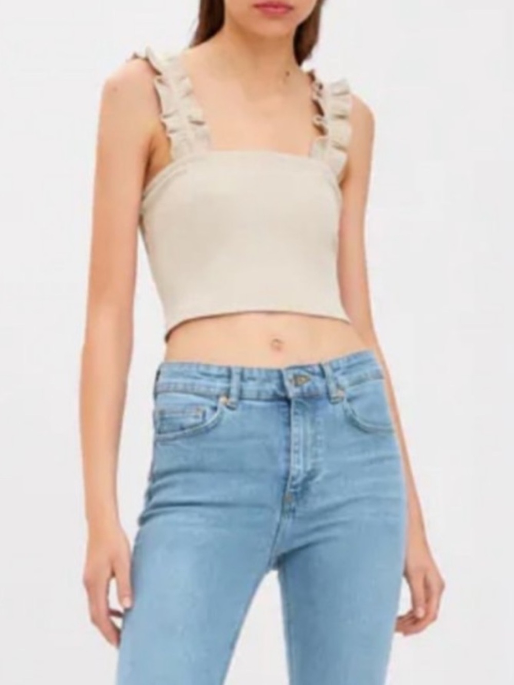❤️❤️zarah Ruffle Strap Ribbed Cropped Tank Top - Cream - Picture 2 of 5